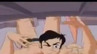 Cartoon character kisses woman, making her blush