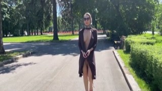 Stylish Lady walks naked in park