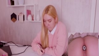 Estie Kay - Helping my stepsister with homework but shes too distracted with vibro plug in her ass!