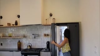 Brunette sucks and fucks in denim skirt