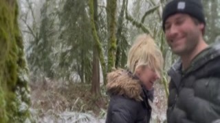 Blonde in Grey Down Jacket and Fur Hood Blowjob in the Woods