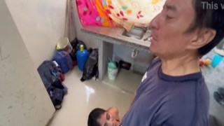 the loyal old man discovered by the woman kissing with the neighbor and while he observes them he edits