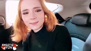 redhead suck dick taxi driver and cum swallow in the car - pov