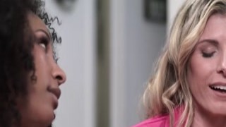 Ebony babe scissoring with white stepmom