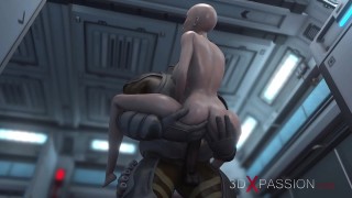 3d monster plays with a young woman in the mars base camp
