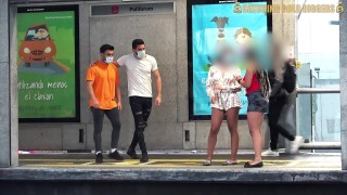 meeting two hot ass babes at bus stop ends in incredible foursome back home