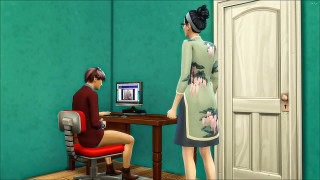 asian stepmom catches her stepson again masturbating in his room watching a porn movie in front of the computer and she decided to help him by having sex with him