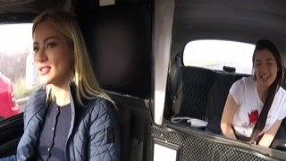 Busty european lesbian pussylicking cabbie on backseat
