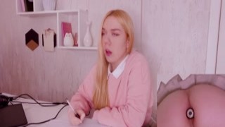 Estie Kay - Helping my stepsister with homework but shes too distracted with vibro plug in her ass!