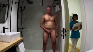 i jerk off in the bathroom until the room service cleaning girl comes in and helps me finish cumming