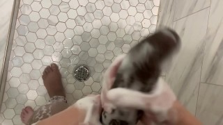 horny stepdaughter listens to stepdad fuck her mom to sleep then sneaks into the bathroom to shower with him
