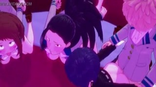 Deku Todoroki and Bakugou are engaging in a heated manga-style hentai orgy, featuring Momo Yaoyorozu, Uraraka, and Kyoka Jirou in their most provocative poses