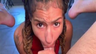 A youthful ebony freshman from Brooklyn indulges in a rough blowjob before eating her partner's ass