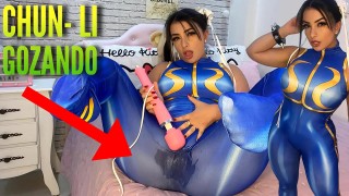 sexy cosplay girl dressed as chun li from street fighter playing with her htachi vibrator cumming and soaking her panties and pants ahegao