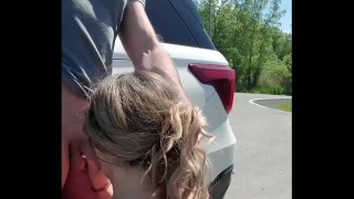 big tit brunette pornstar sucks dick on side of road for ride