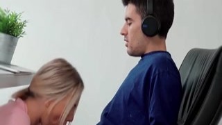 Angie Lynx Has To Be Quiet As She Rides Jordis Big Cock While Doing A Meeting With His Boss